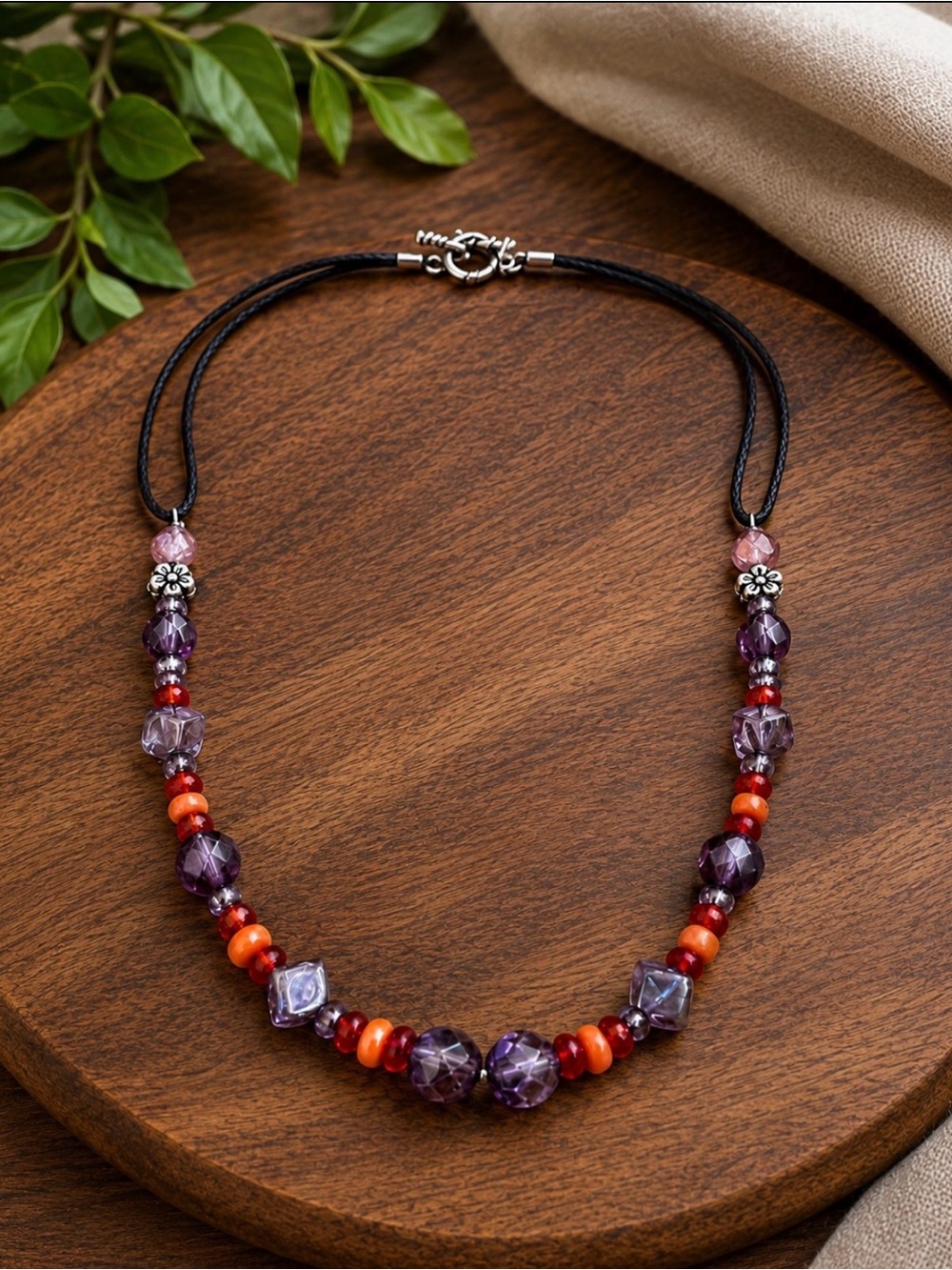Vintage Artisan Fall Glass Beaded Necklace Purple Rusty Coral Floral Toggle